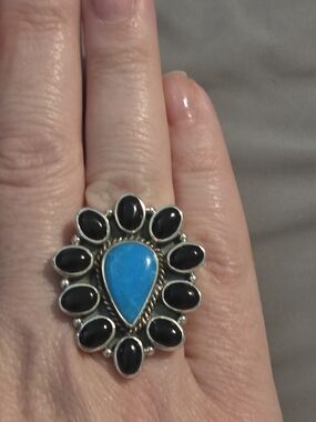 Sterling Silver Turquoise & Black Onyx Teardrop Statement Ring